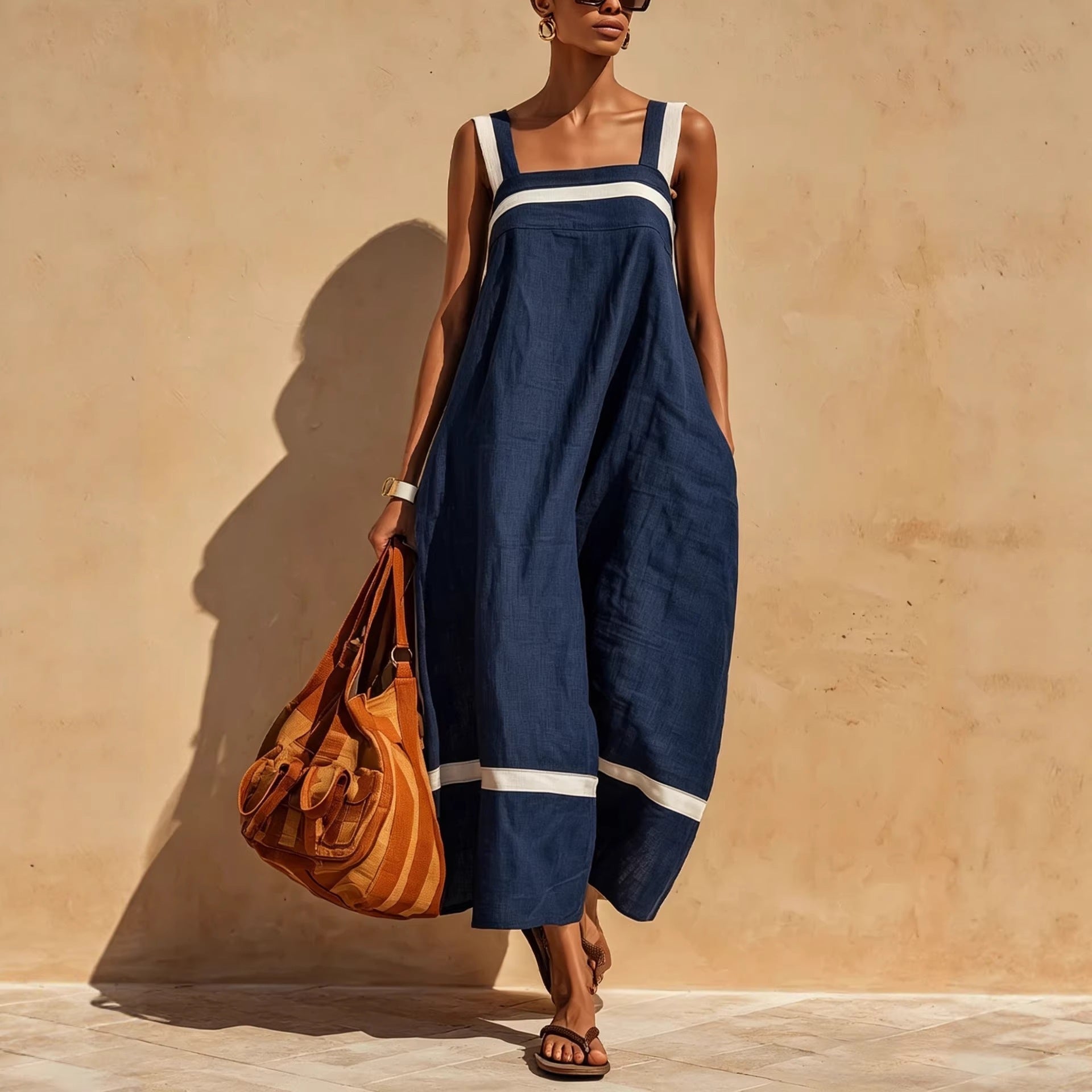 Women's Contrast Strap Casual Loose Midi Dress – Linen Blend