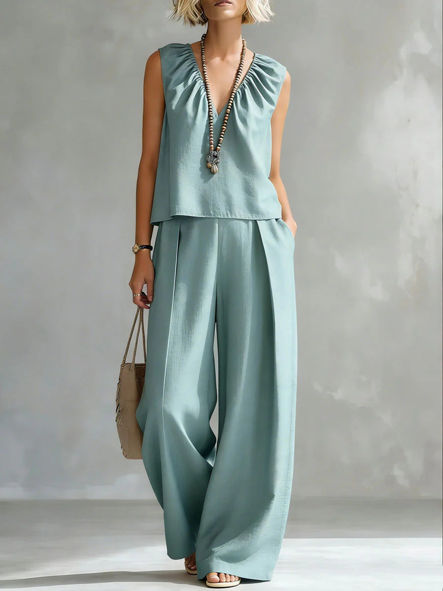 Women's Sleeveless Cotton-Linen Shirt & Pants Set – Urban 2-Piece