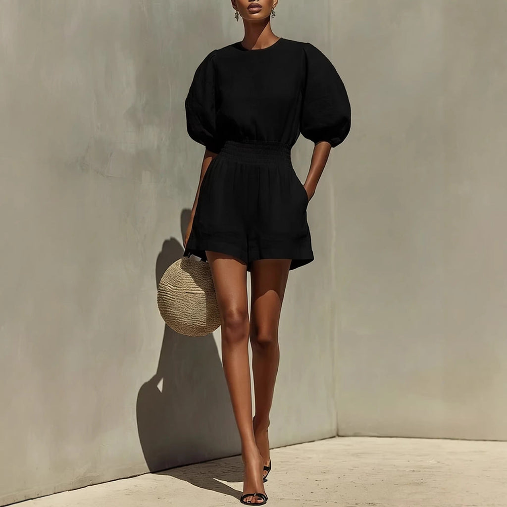 Women's Puff-Sleeve Top & Cropped Shorts Set – Casual Chic