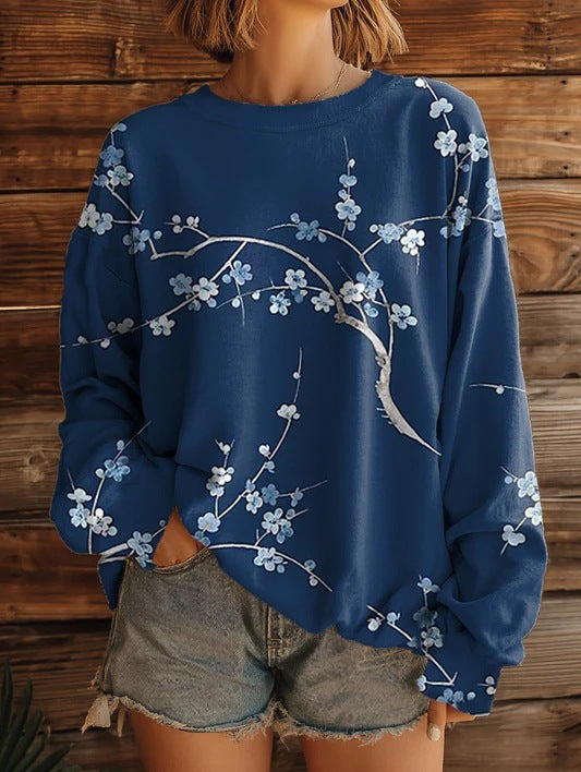 Women’s Printed Crew-Neck Sweatshirt – Long Sleeve Casual Top