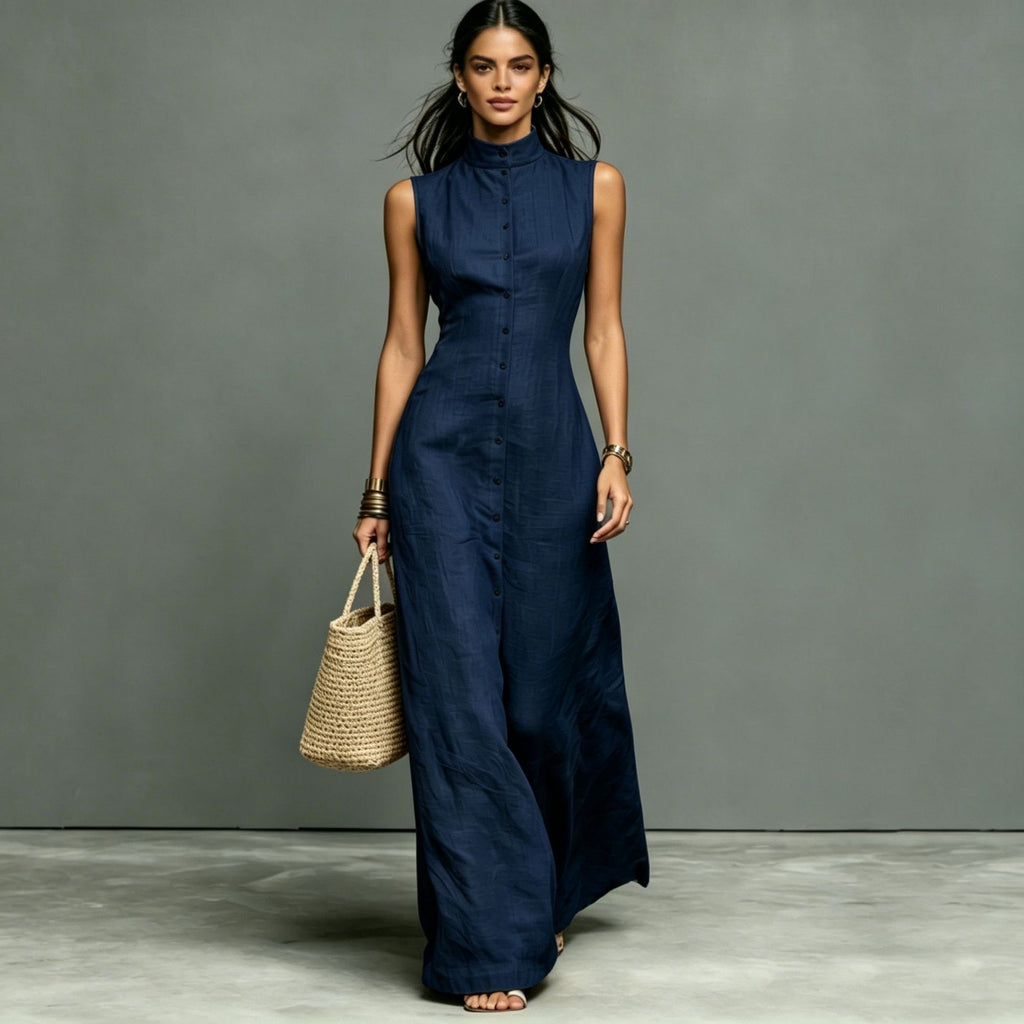 Women's Stand-Collar Single-Breasted Sleeveless Midi Dress