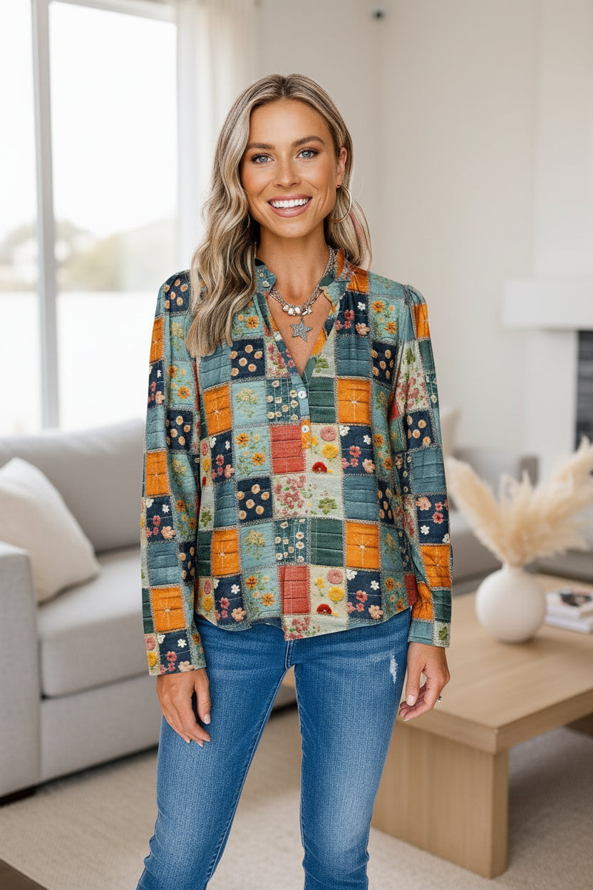 Women's Retro Floral Print Chiffon Blouse – Loose Fit Long-Sleeve Top