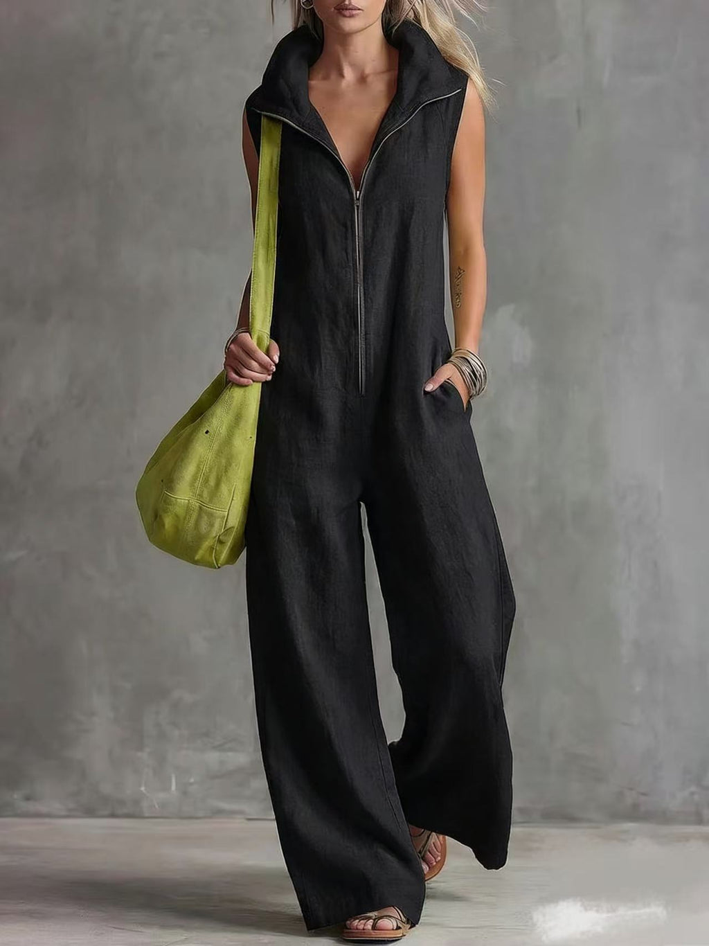 Women's Loose Sleeveless Jumpsuit with Pockets – Linen-Look