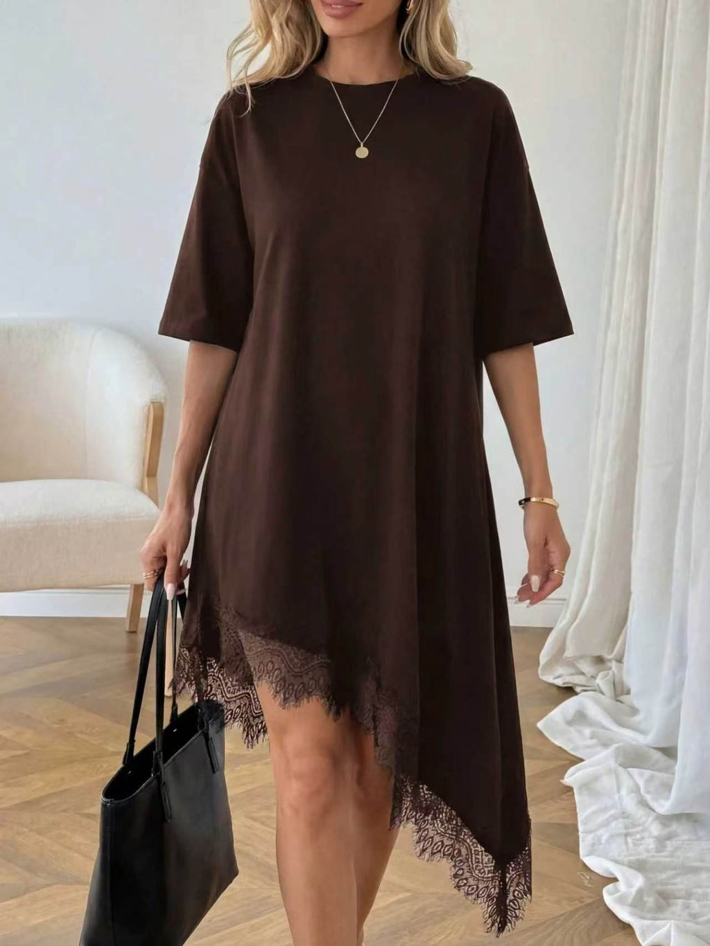 Women's Lace Trim Asymmetric Three-Quarter Sleeve Dress
