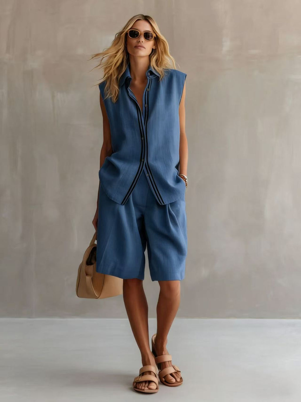 Women's Linen Shirt and Shorts Set – Sleeveless Summer Two-Piece