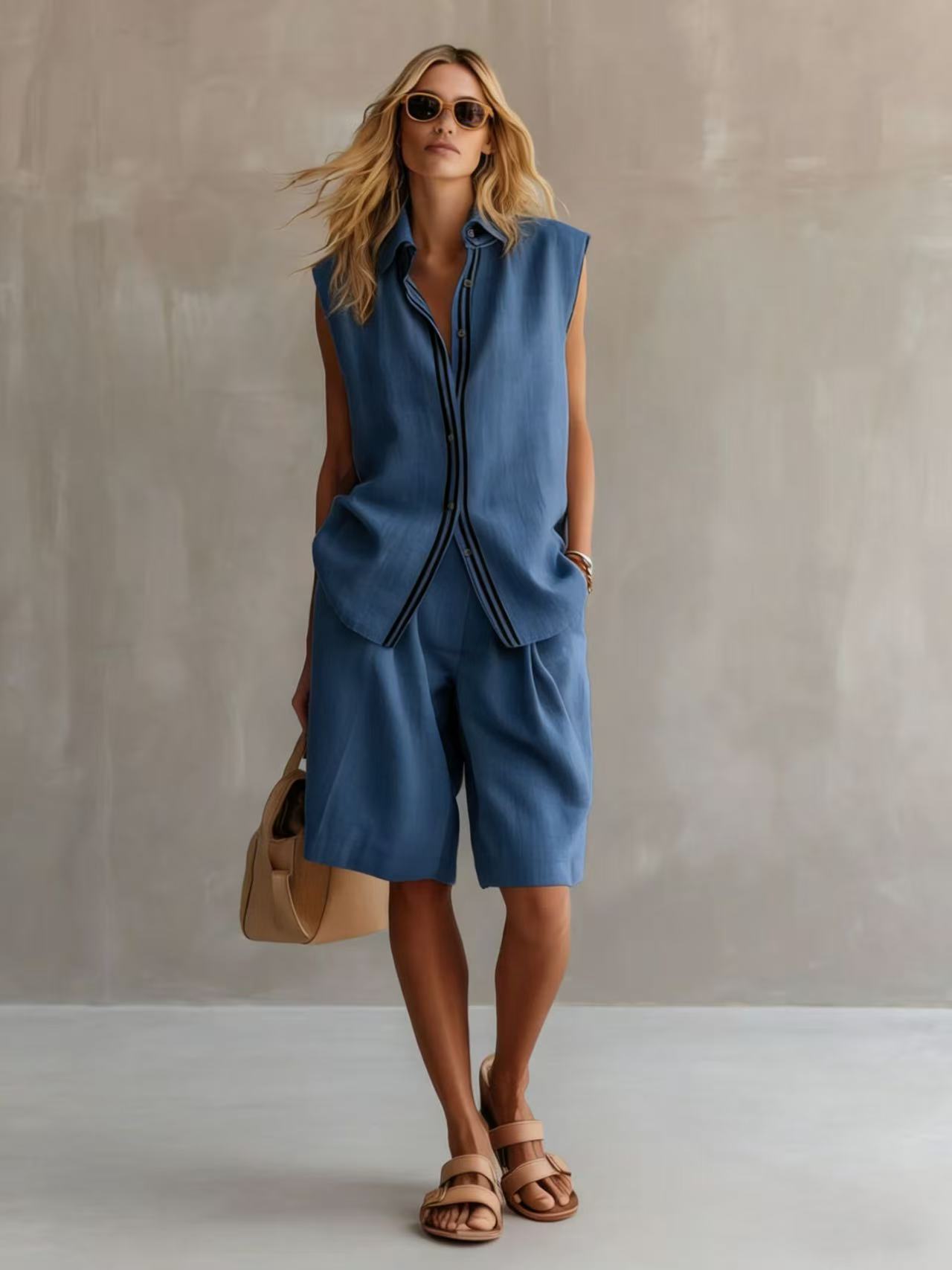 Women's Linen Shirt and Shorts Set – Sleeveless Summer Two-Piece