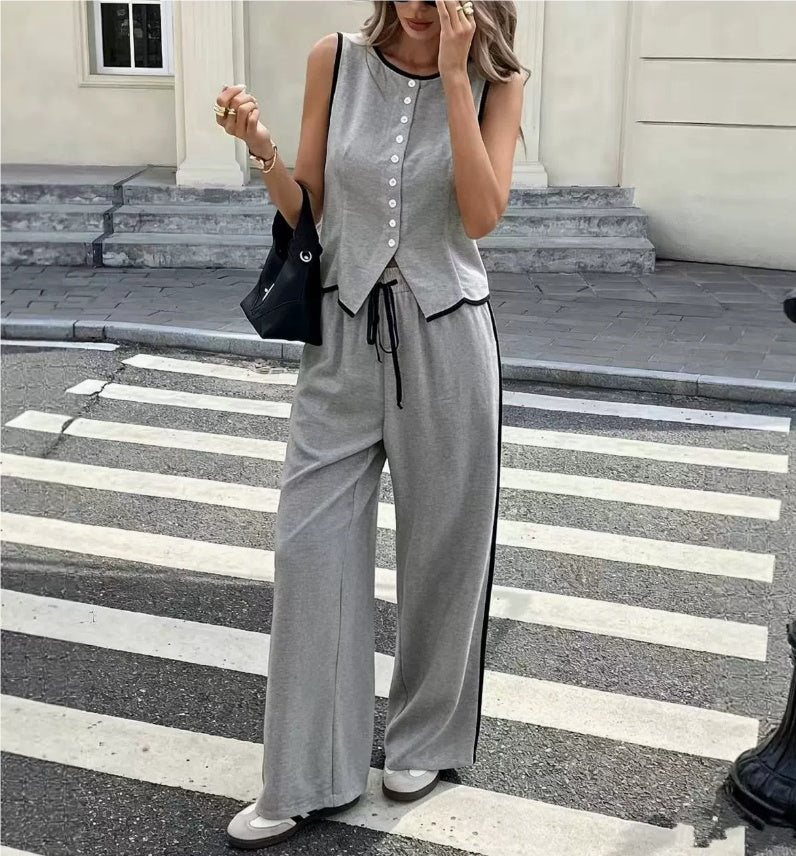 Women's Contrast Color Sleeveless Vest & Drawstring Trousers Suit – 6 Colors S–XXL