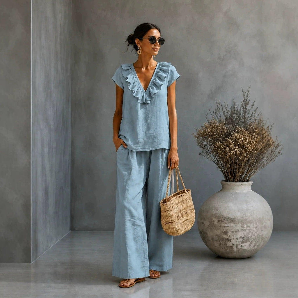 Women's V-Neck Ruffled Hem Top & Wide-Leg Pants Two-Piece Set