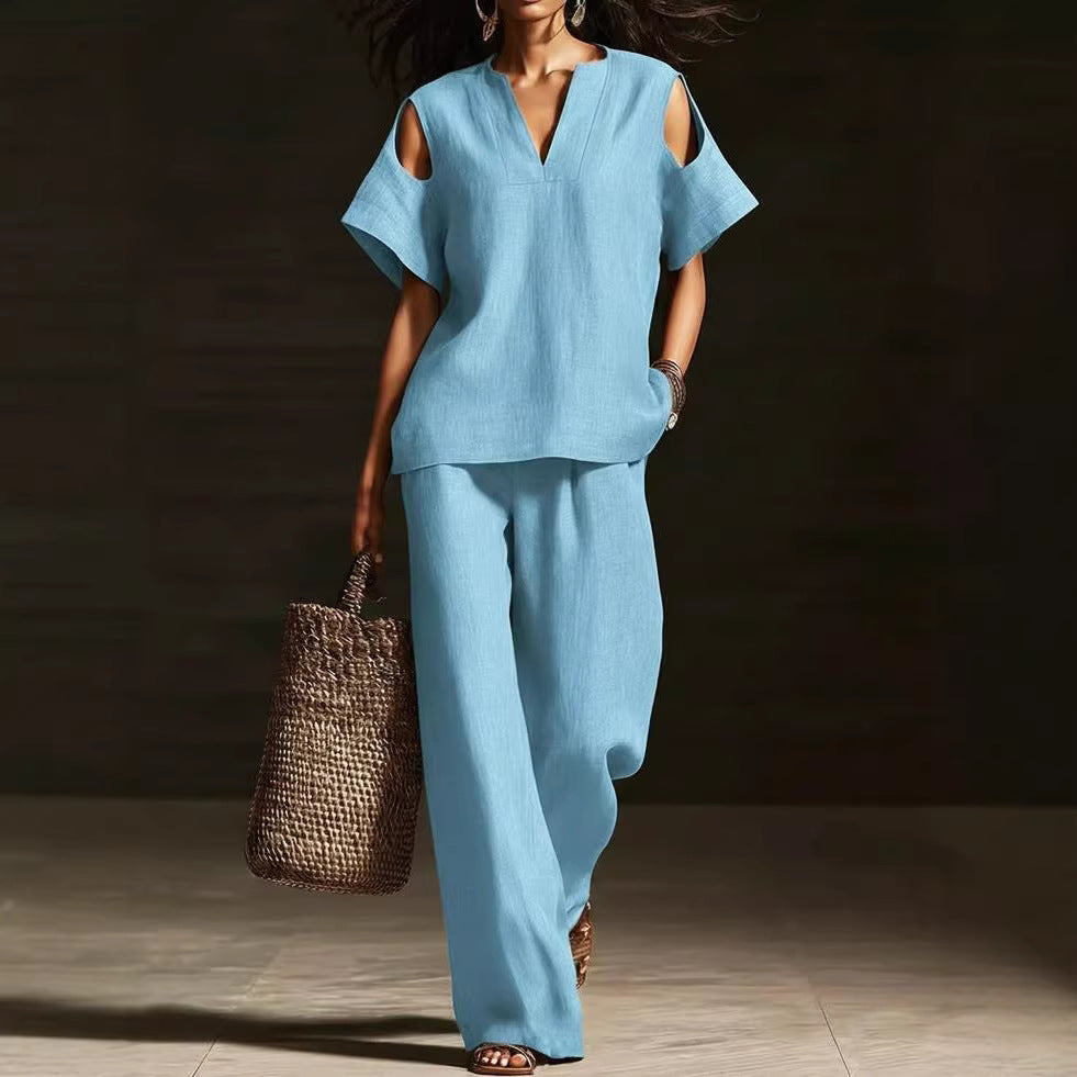V-Neck Short Sleeve Top & Straight-Leg Pants Set – Ripped Detail, Pockets, Solid Color