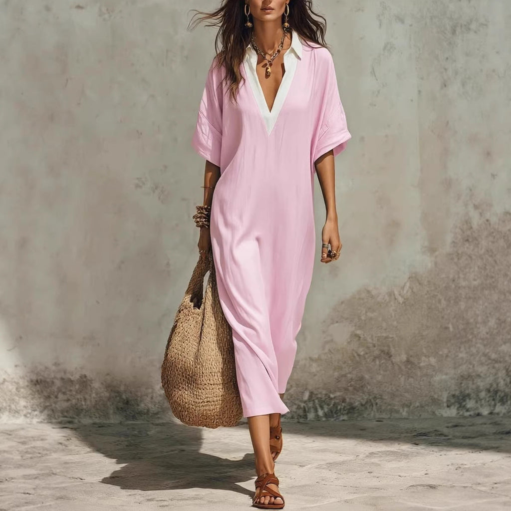 Women's V-Neck Loose Cropped-Sleeve Linen Midi Dress with Pockets