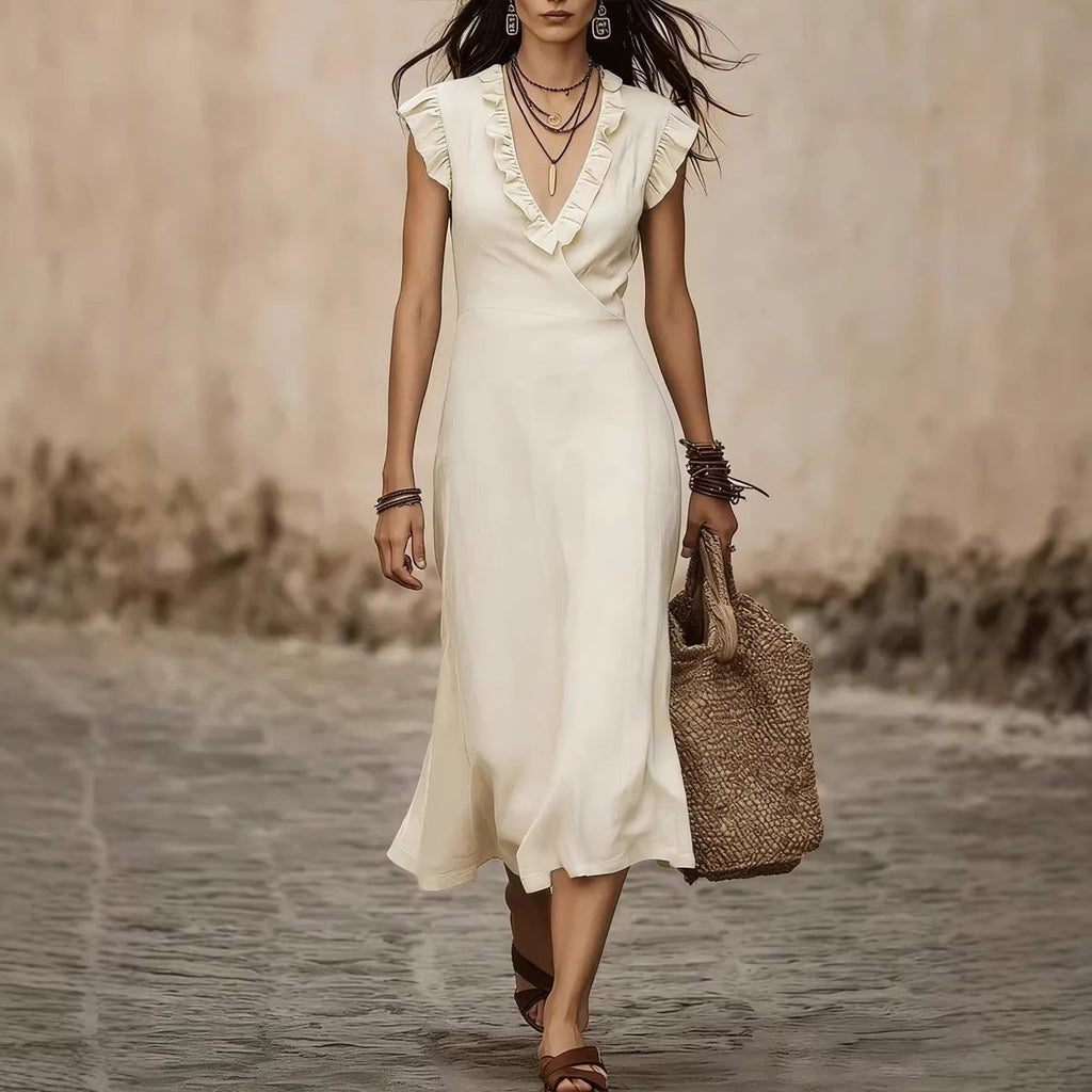 Women's V-Neck Cotton-Linen Flutter-Sleeve Ruffle-Trim Midi Dress