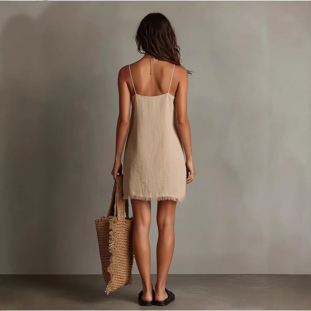 Women's V-Neck Slip Mini Dress – Fringe Trim Sleeveless Streetwear