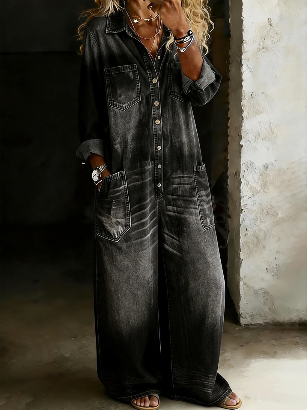 Women's Vintage Washed Wide-Leg Jumpsuit with Pockets