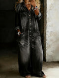 Women's Vintage Washed Wide-Leg Jumpsuit with Pockets