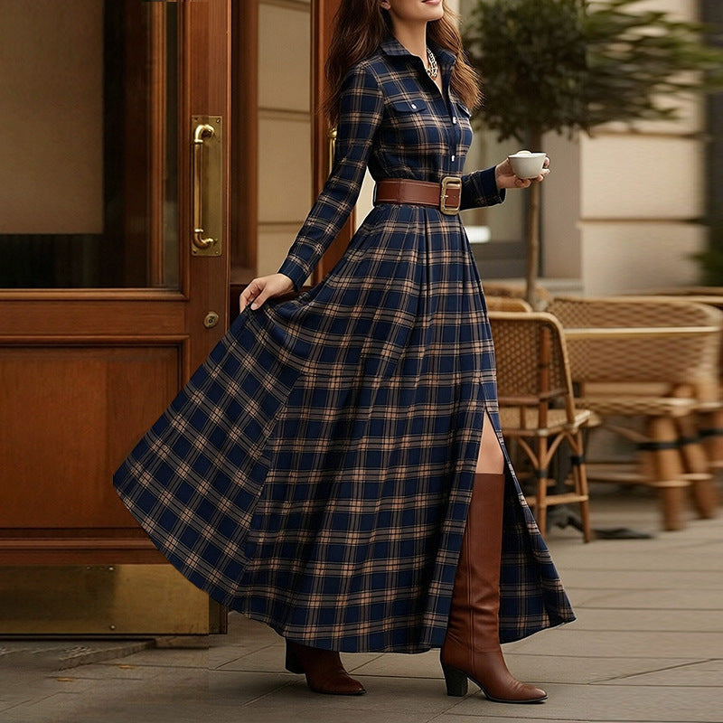 Women's Printed Lapel Slim-Fit Dress – Elegant Commuter Style