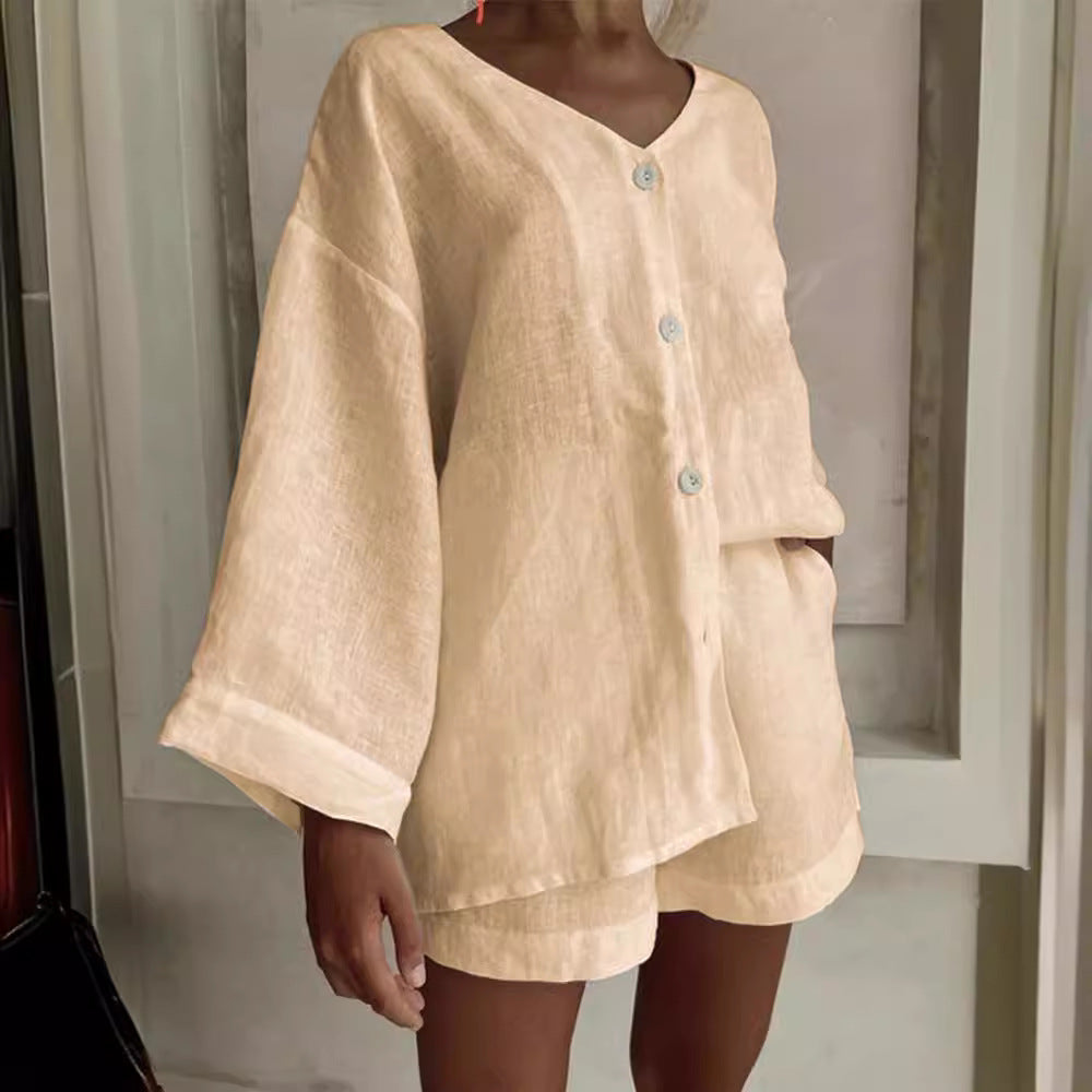 Women's Cotton Linen Shirt & Shorts Set – Long Sleeve, Button, Casual 2-Piece