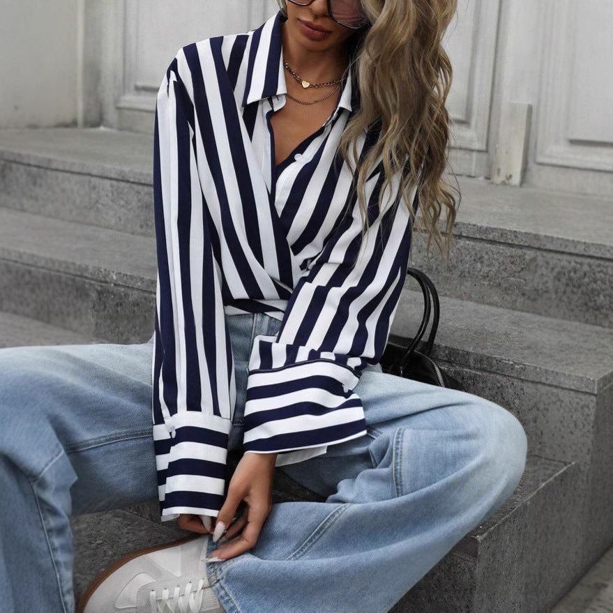 Women's Striped Long-Sleeve Loose Shirt – S–2XL