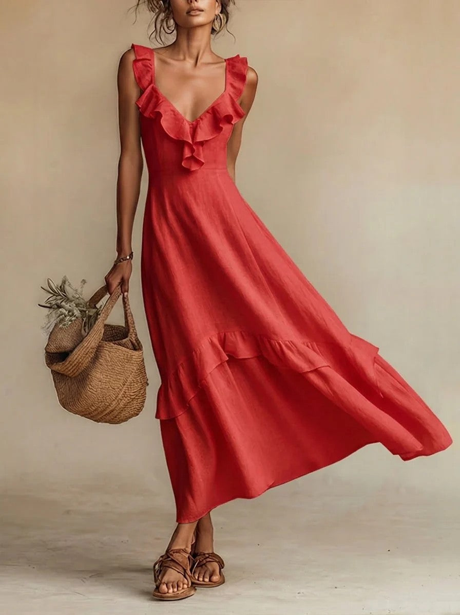 Sleeveless Ruffle Detail High-Waist Maxi Dress – 7 Colors, S–3XL