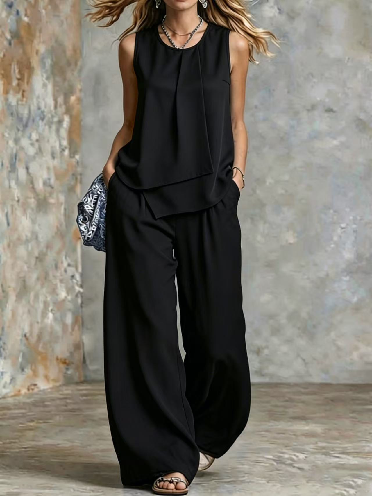 Women's Sleeveless Two-Piece Set – Solid Color Wide-Leg Pants & Top