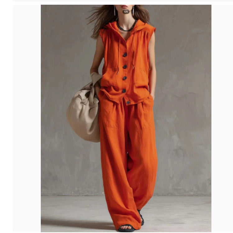 Sleeveless Hooded Top & Wide-Leg Pants Set | High-Waist Two-Piece