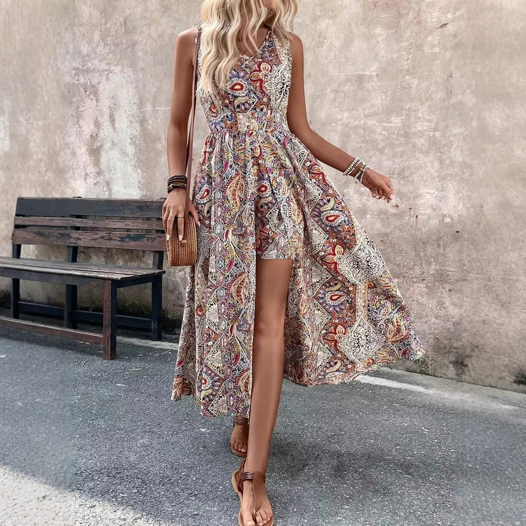 Women's Printed V-Neck Sleeveless Jumpsuit – Vacation Chic