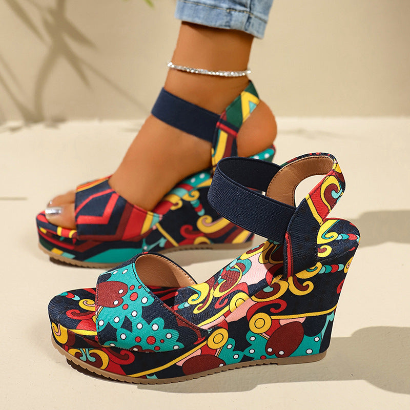 Women's Printed Platform Wedge Sandals with Elastic Ankle Strap