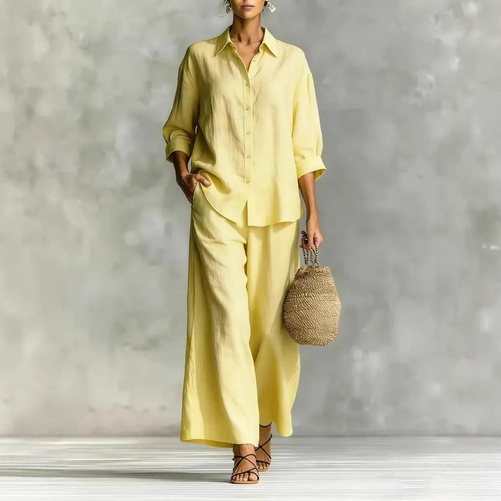 Cotton-Linen Shirt & Wide-Leg Pants Suit – 6 Colors, S–5XL
