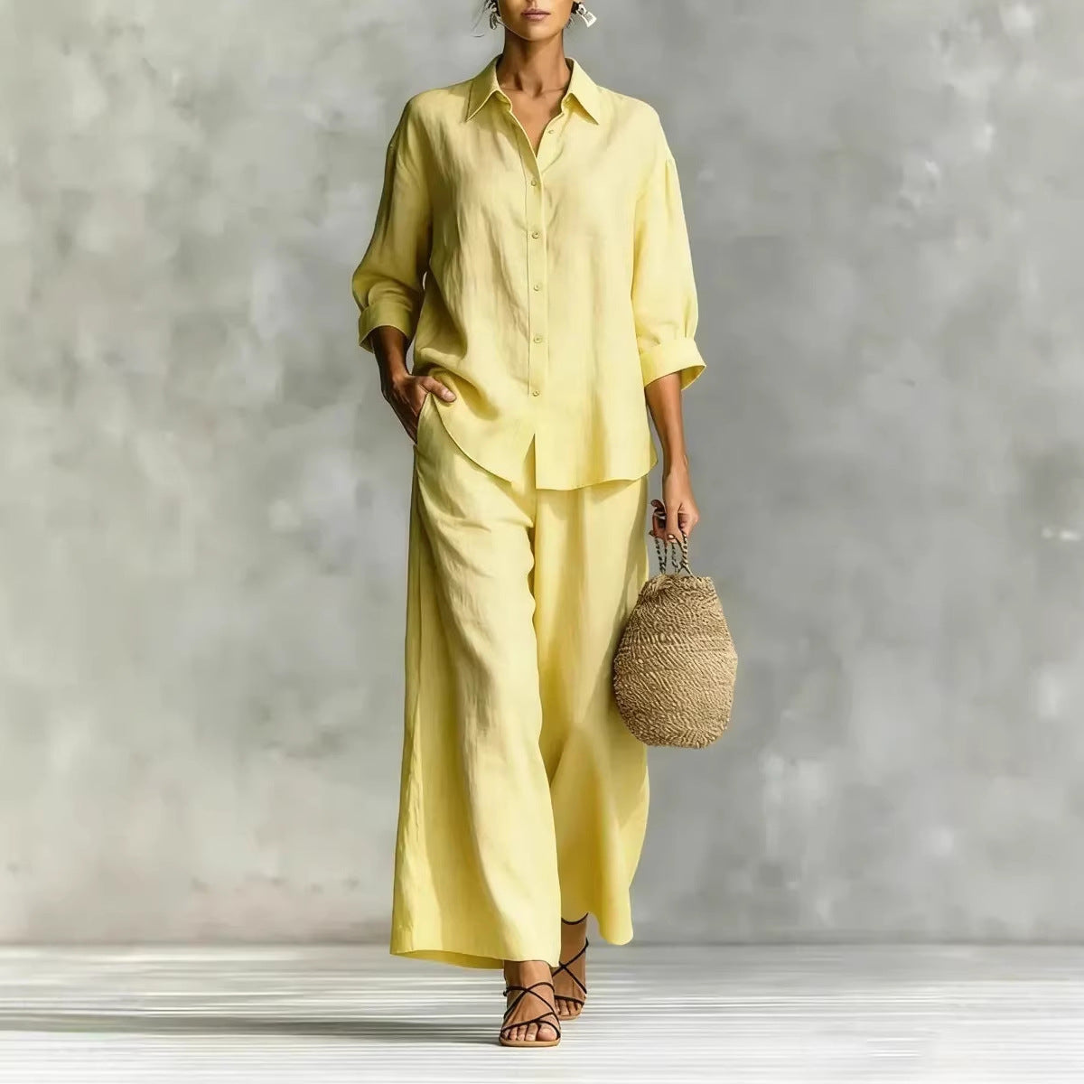 Cotton-Linen Shirt & Wide-Leg Pants Suit – 6 Colors, S–5XL