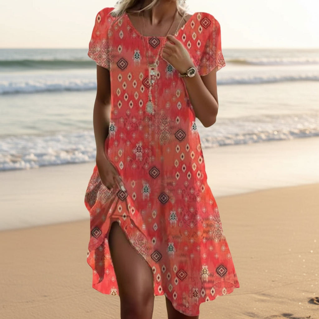 Ethnic Print Midi Dress – Scoop Neck Geometric Pattern Boho Dress