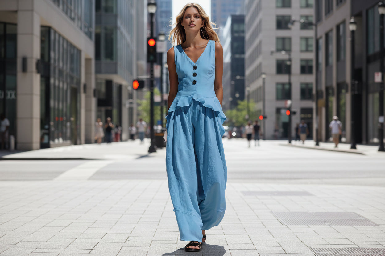 Ruffled Tank Top & Draping Wide-Leg Pants Set – 6 Colors, S–3XL