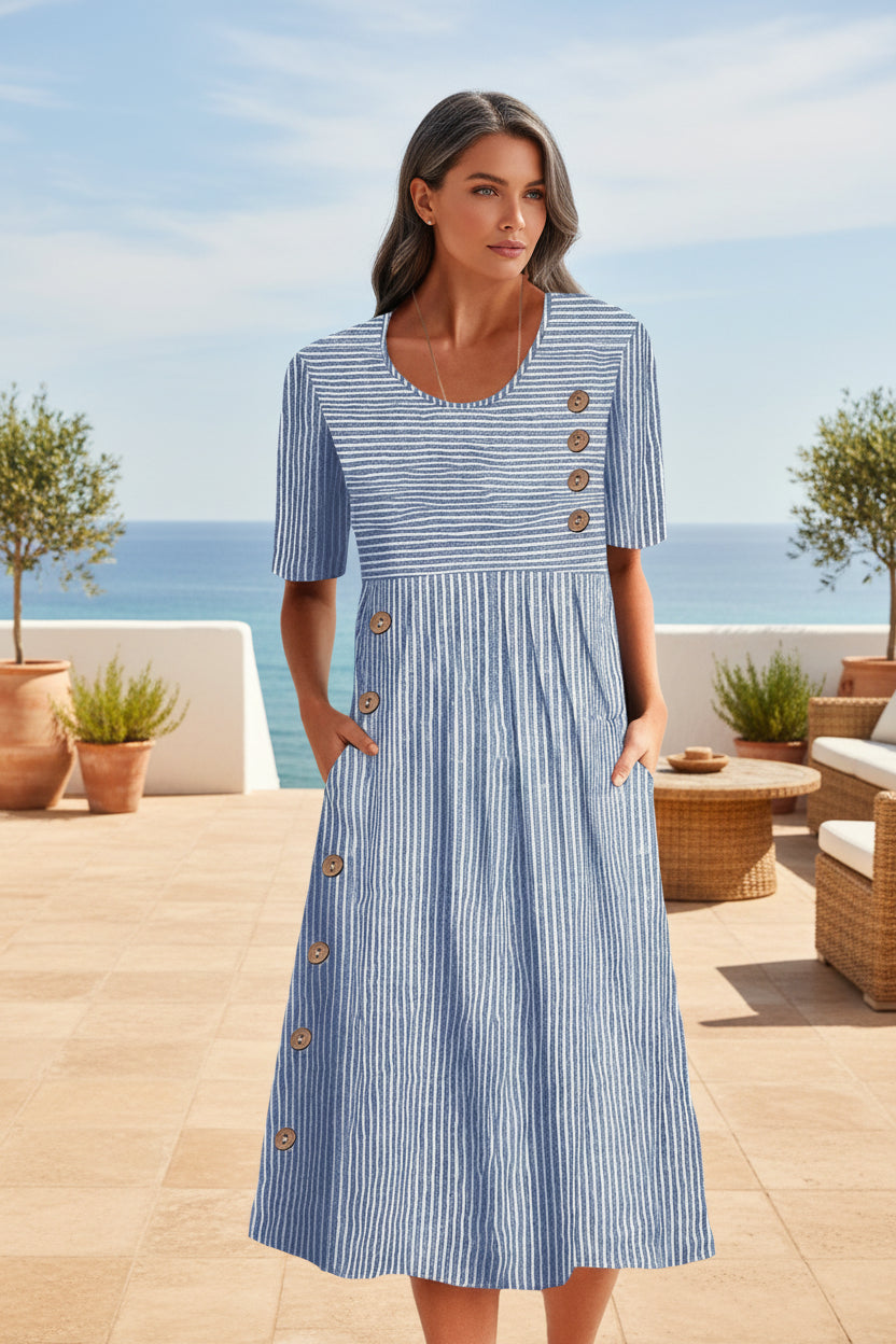 Button-Down Swing Maxi Dress – Short Sleeve Pocket Pullover Long Dress