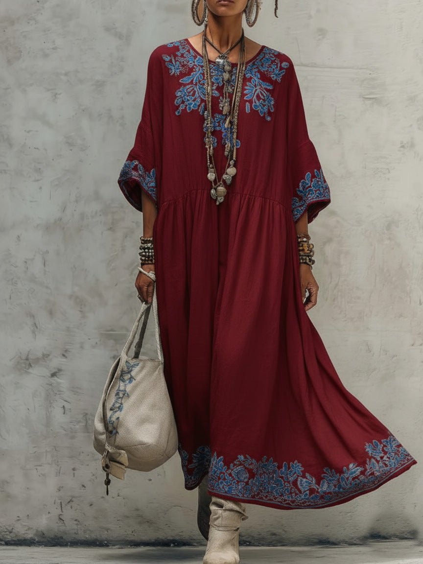 Women's Printed Batwing Sleeve Midi Dress – Loose Fit Linen Blend