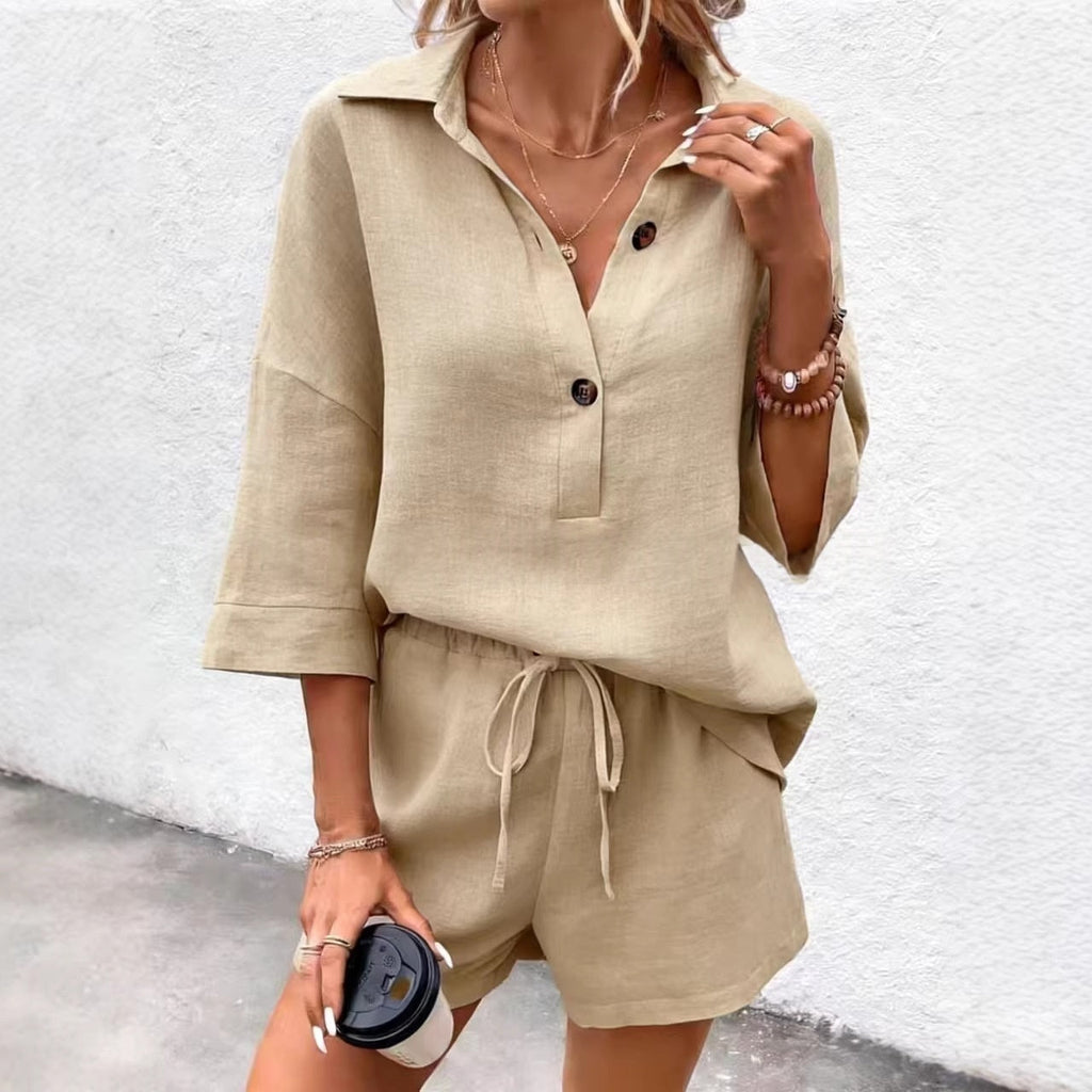 Women's Notch-Lapel Short-Sleeve Top & Belted Shorts Two-Piece Set