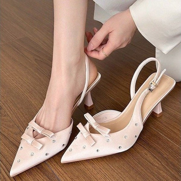 Women's Closed Toe Slingback Stiletto Heels – Bowknot & Rhinestone Sandals