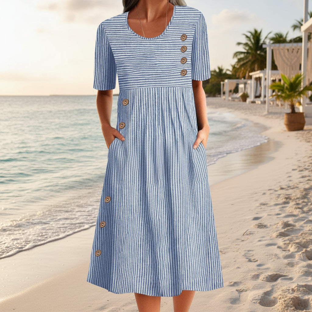 Button-Down Swing Maxi Dress – Short Sleeve Pocket Pullover Long Dress