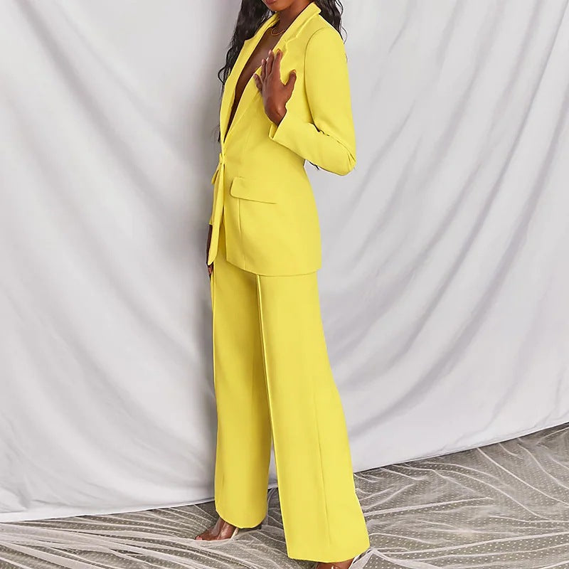 Lapel Button-Down Blazer & Straight-Leg Trousers Suit