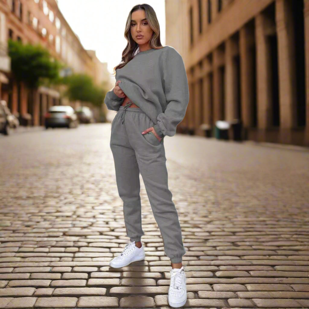 👚 Women's Solid Color Round Neck Pullover Sweatshirt & Pants Set