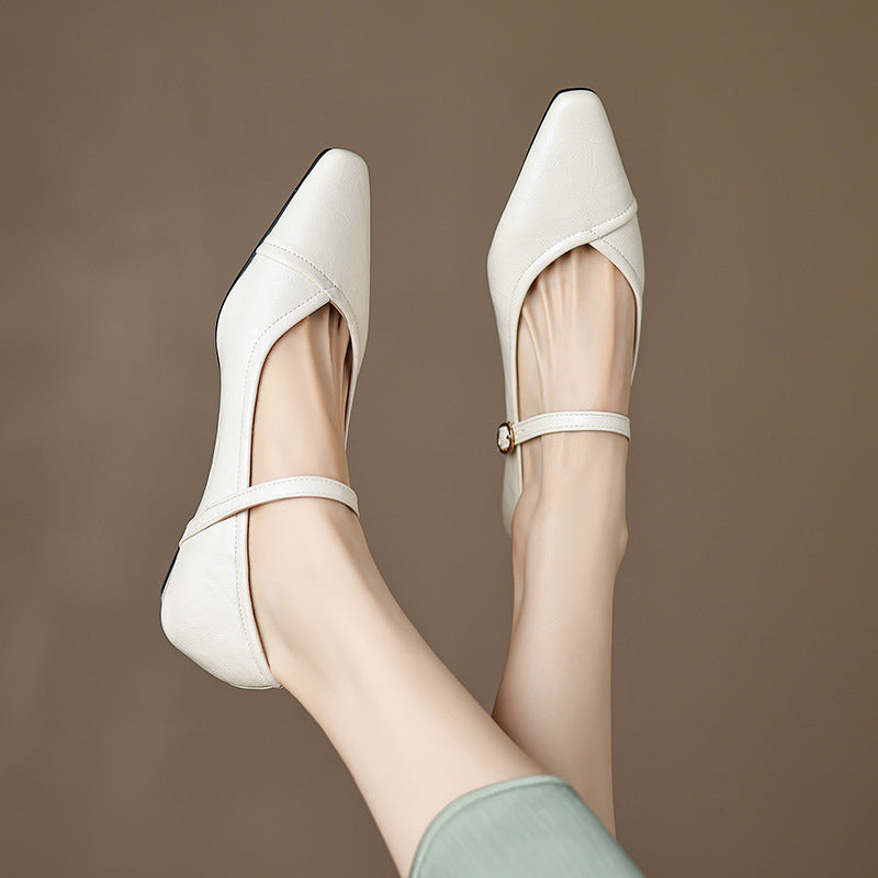 Women's Pointed Toe Low Square Heel Buckle Flats – Floral Detail Dress Shoes