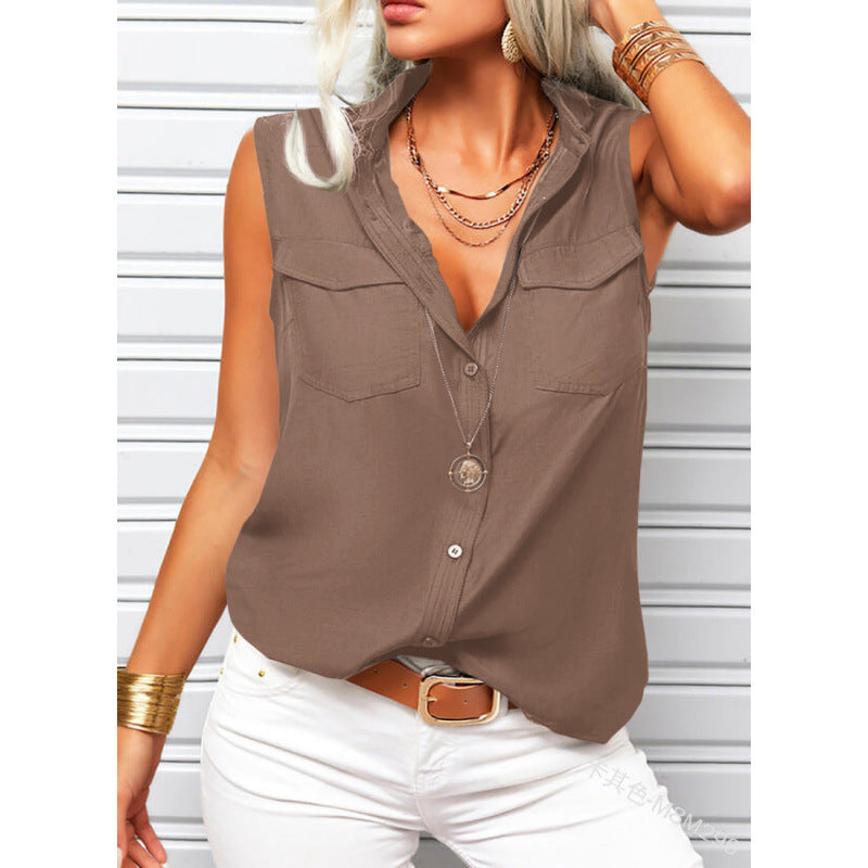 Women's Lapel Collar Sleeveless Top – Loose Fit, Pockets, Solid Color