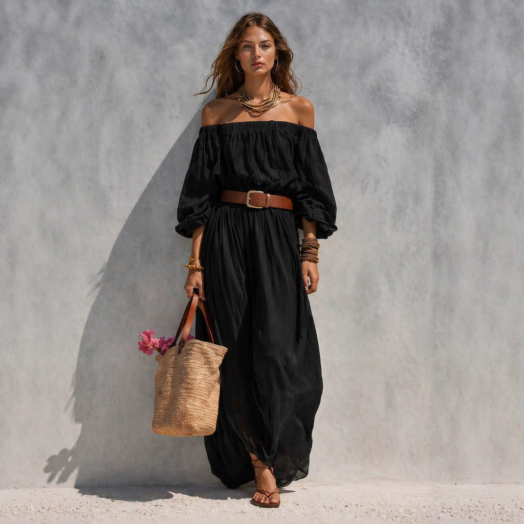 Women's Boat-Neck Sleeveless Cotton-Linen Maxi Dress