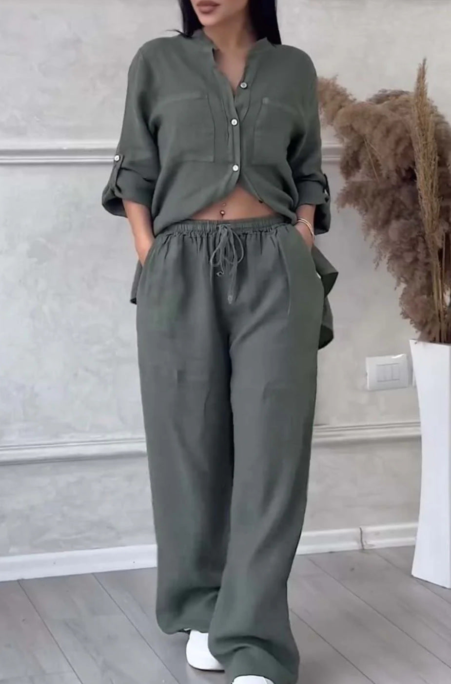 Wide-Leg Pants & Lace-Up Top Two-Piece Set – Solid Color, 12 Colors S–5XL