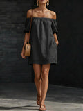 Women's Cotton-Linen Off-Shoulder Puff-Sleeve Loose Mini Dress