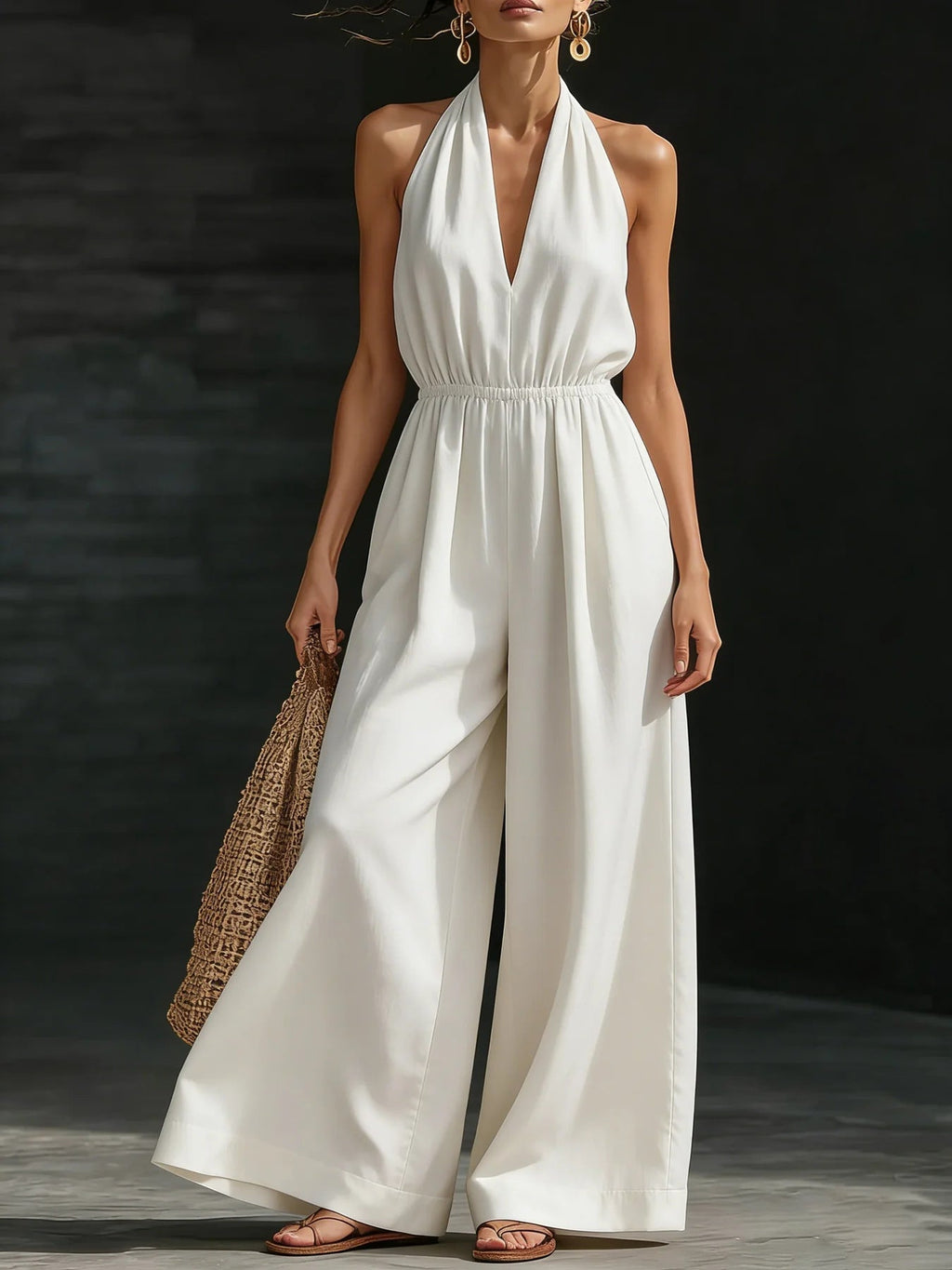 Women’s V-Neck Halter Neck Wide-Leg Jumpsuit