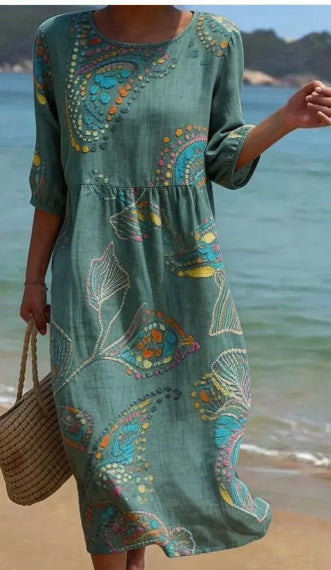 Women's 3D Floral Print Long-Sleeve A-Line Dress – Crew Neck Loose Fit