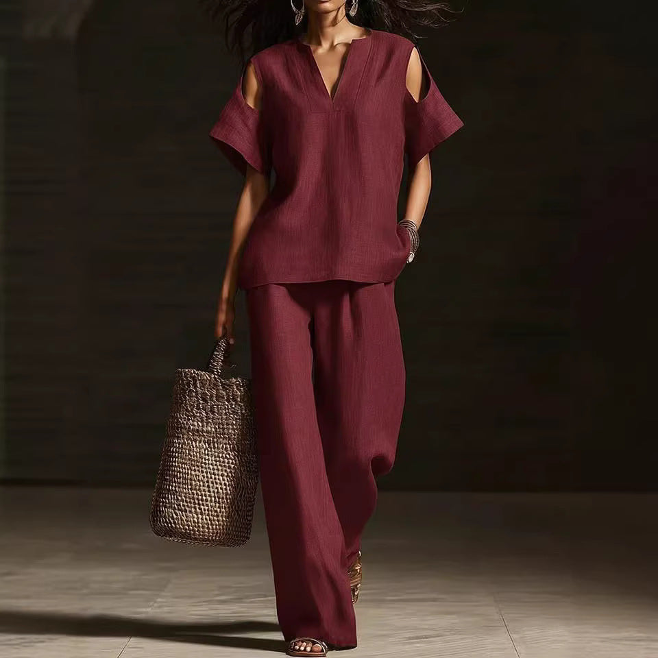 V-Neck Short Sleeve Top & Straight-Leg Pants Set – Ripped Detail, Pockets, Solid Color