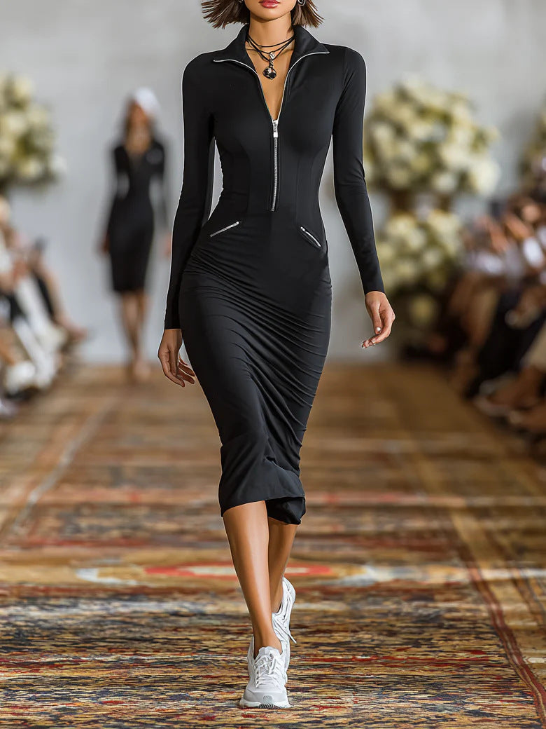 Women's Zip Front Slim Fit Pencil Dress – Mid-Rise Bodycon