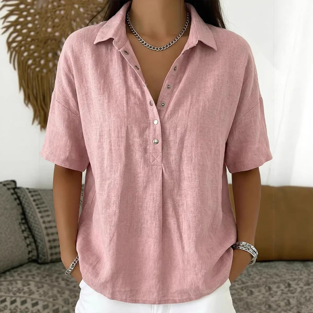 Short Sleeve Button Pullover Shirt – Solid Color Women’s Top