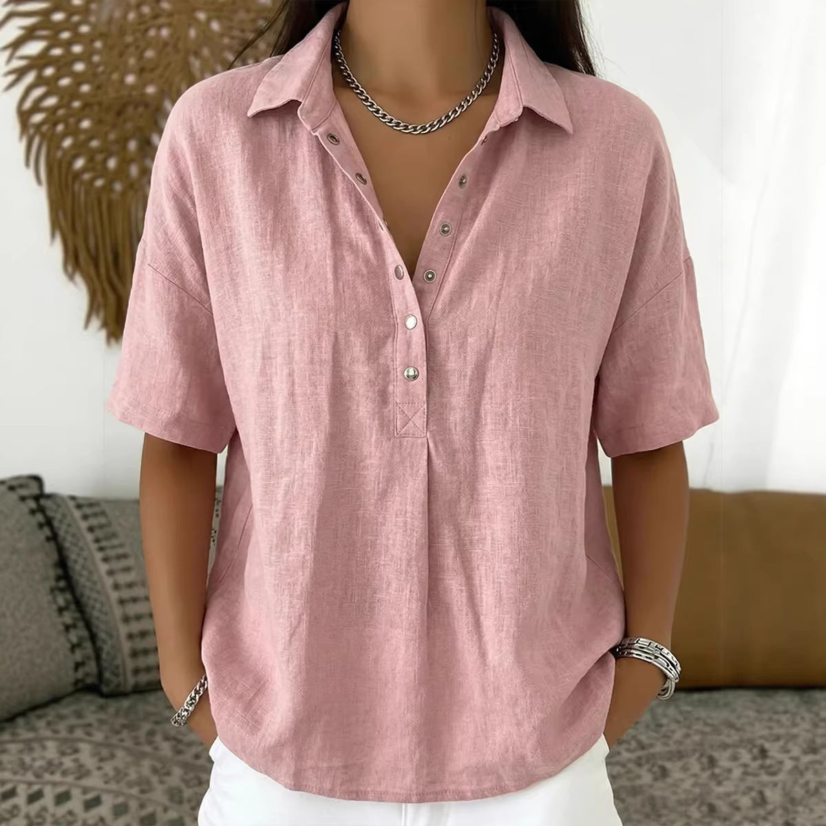 Short Sleeve Button Pullover Shirt – Solid Color Women’s Top