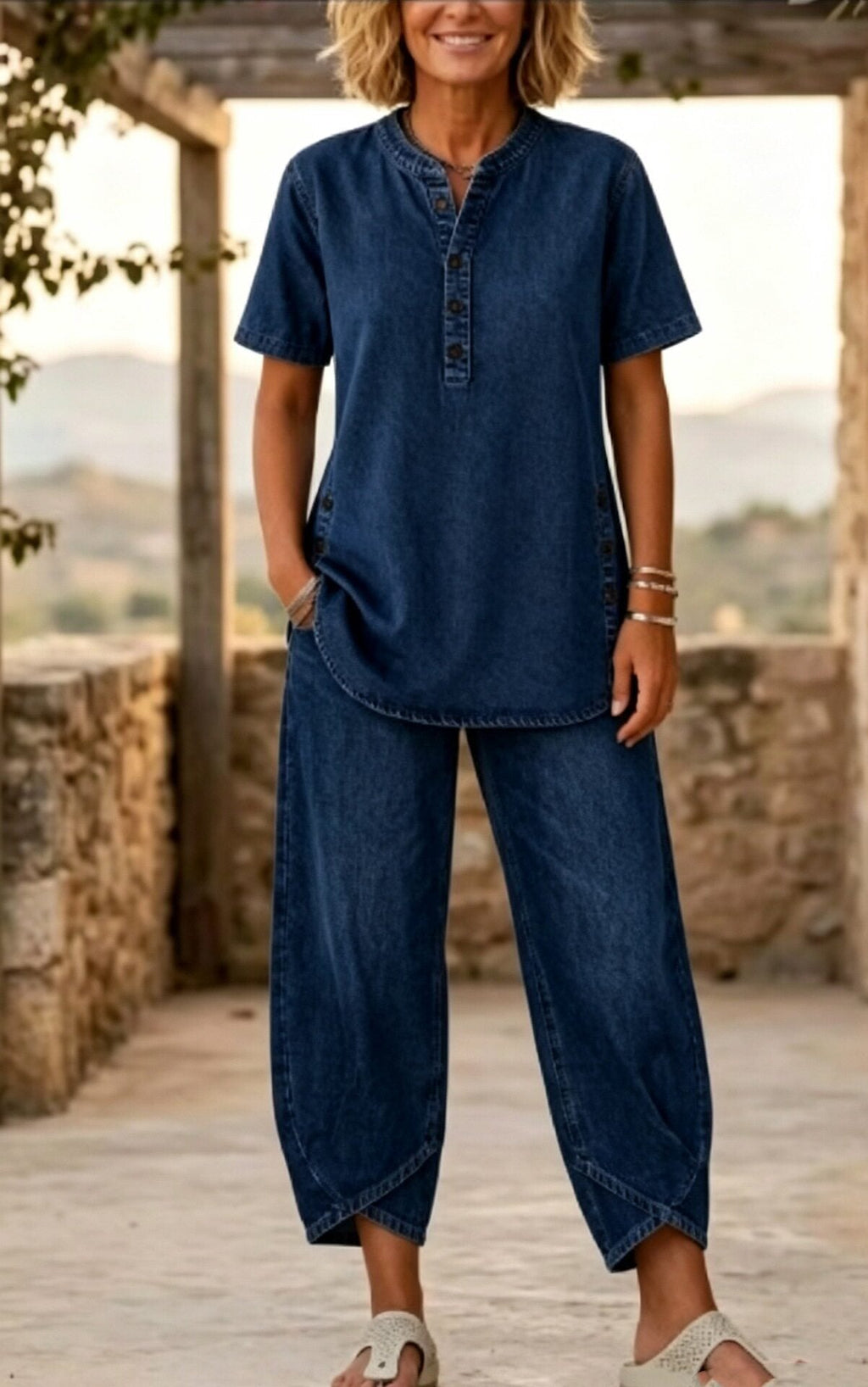 Women's Lapel Button-Up Top & Pants Two-Piece Set – Three-Quarter Sleeve