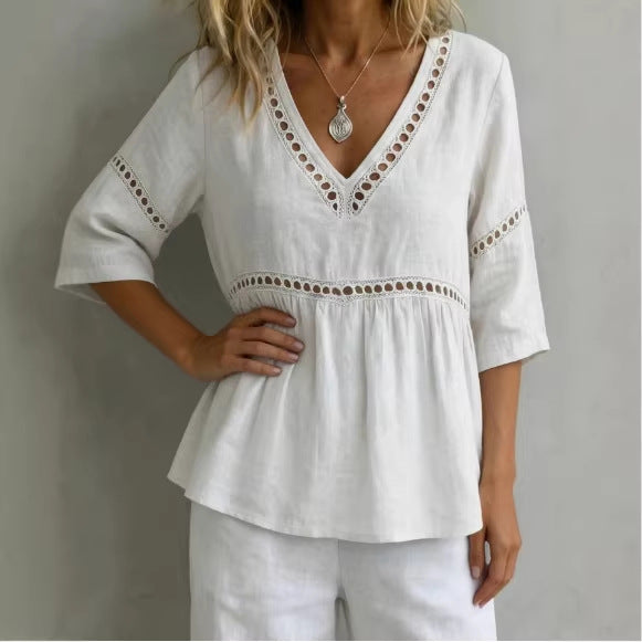 Women's V-Neck Hollow-Out Fringe Cotton-Linen Top